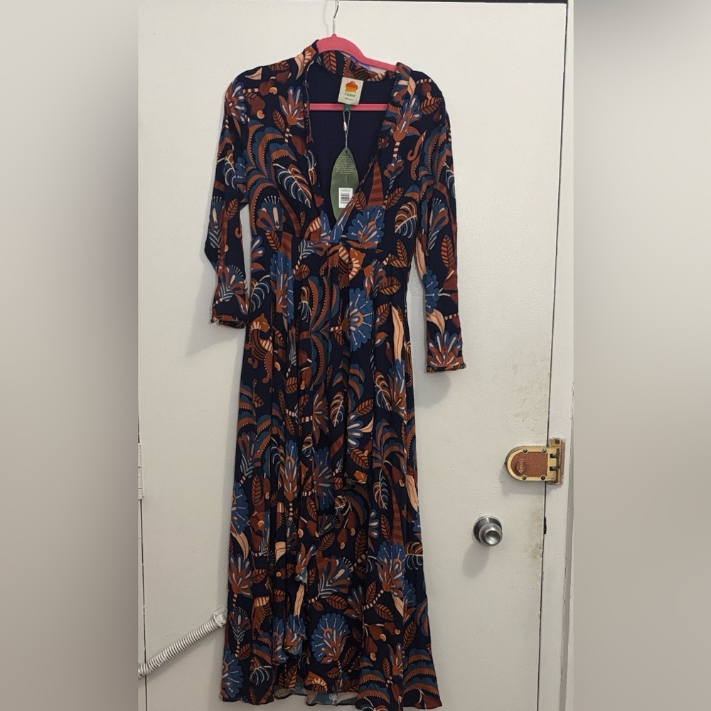 NWT FARM RIO Nature Beauty Long Sleeve V-neck Maxi Dress Nature Beauty Blue - Picture 2 of 13